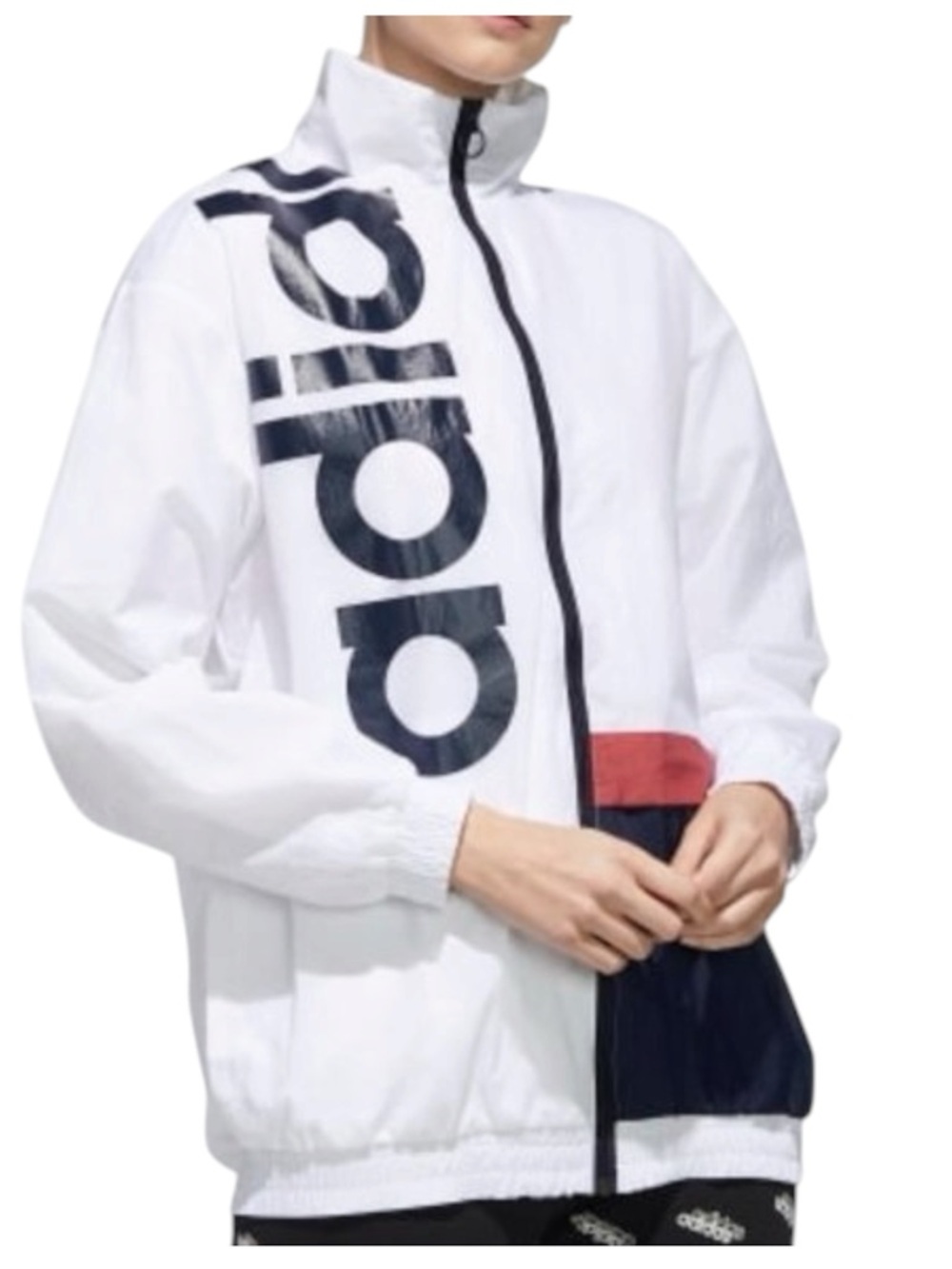 adidas White Jacket with Black Logo and Navy & Red Accents